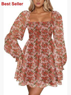 Polyester Square Neck Backless Mini Dress with Puff Sleeves